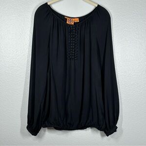 Tory Burch Silk Popover Blouse Top Women's 12 Black Long Sleeve Gathered Waist